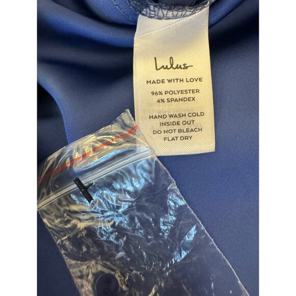 Lulu's Women's XS Classic Elegance Blue Satin Sleeveless Mock Neck Maxi Dress - Picture 4 of 11